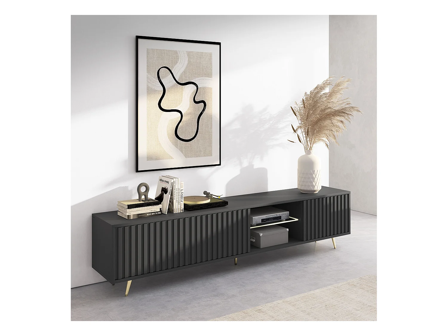 Meuble tv led 175 cm noir, façades à lamelles et pieds dorés - Selsey Bello