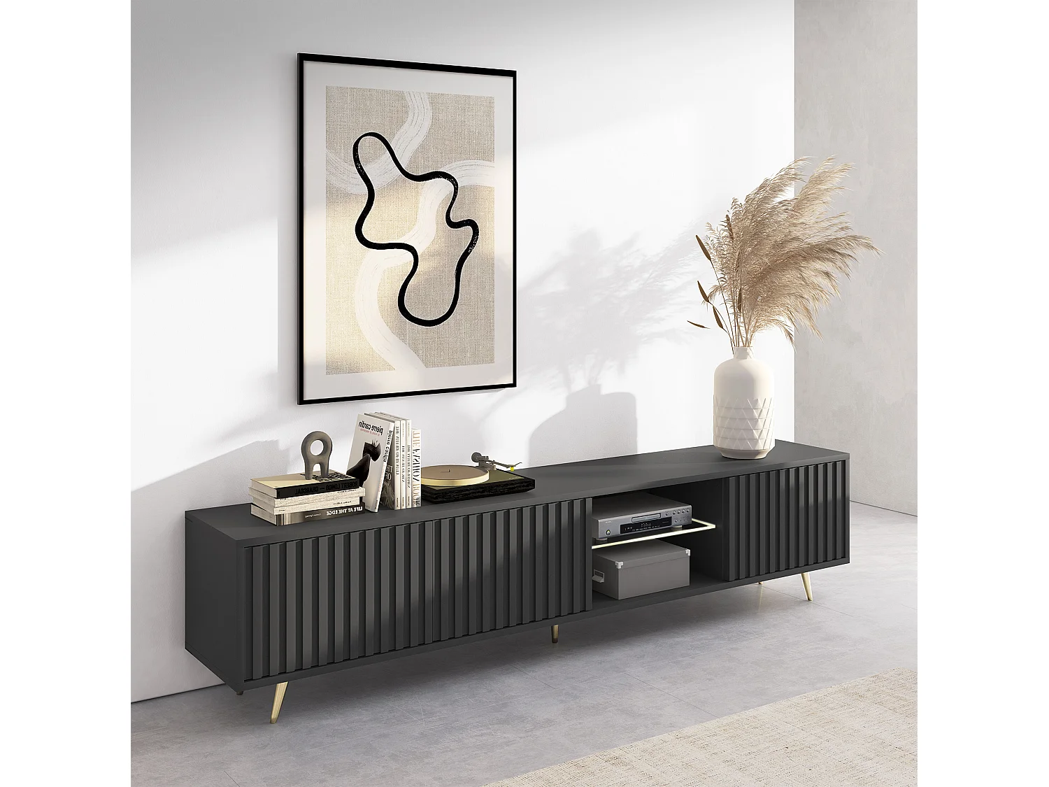 Meuble tv led 175 cm noir, façades à lamelles et pieds dorés - Selsey Bello