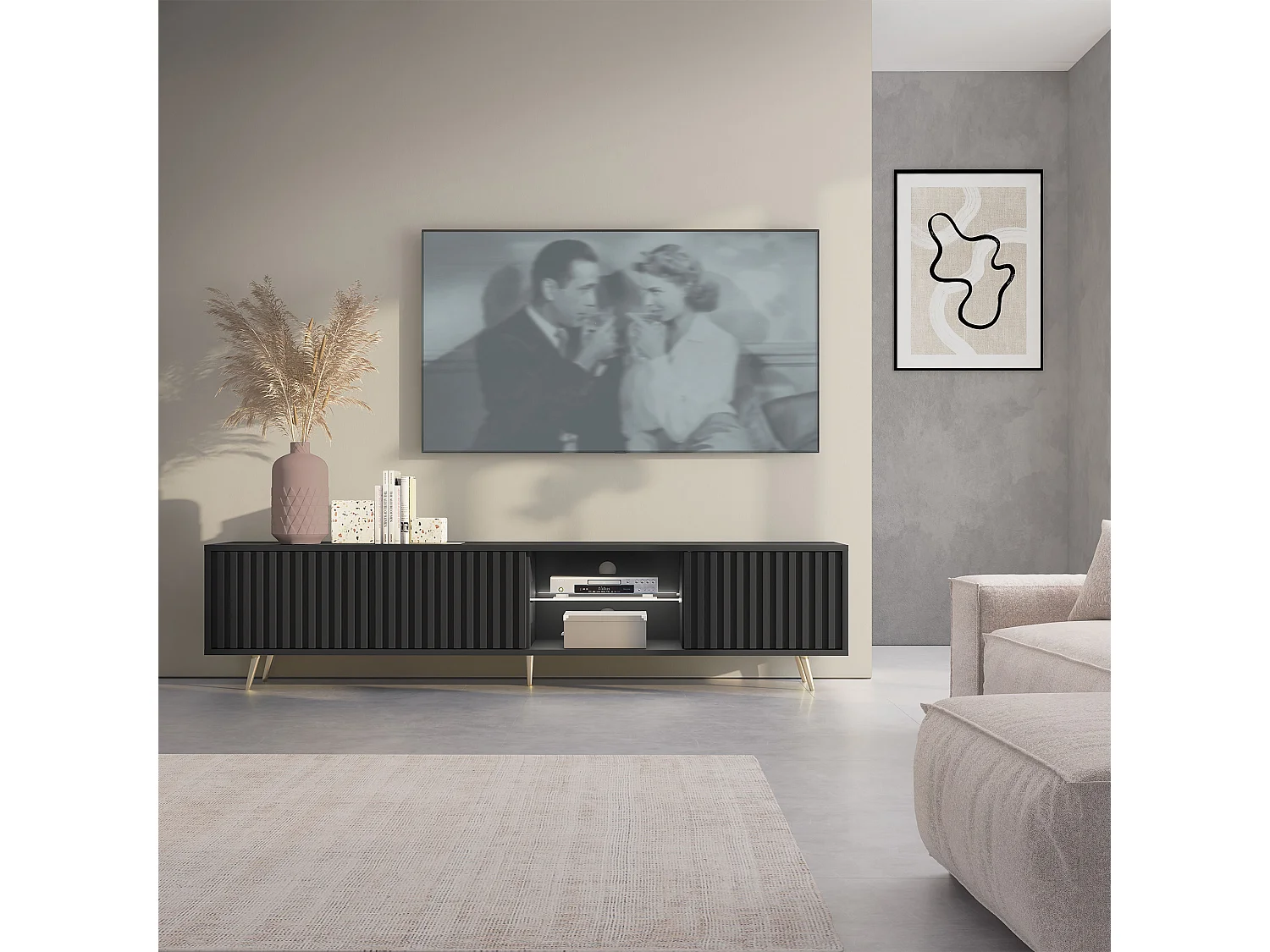 Meuble tv led 175 cm noir, façades à lamelles et pieds dorés - Selsey Bello