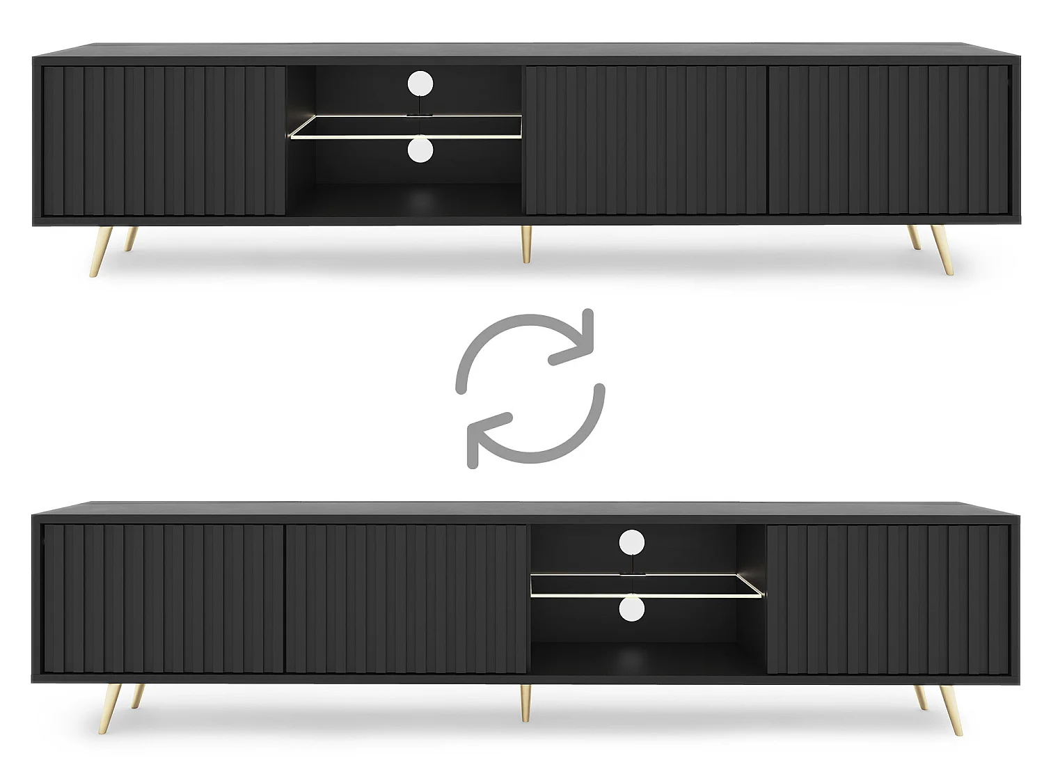 Meuble tv led 175 cm noir, façades à lamelles et pieds dorés - Selsey Bello