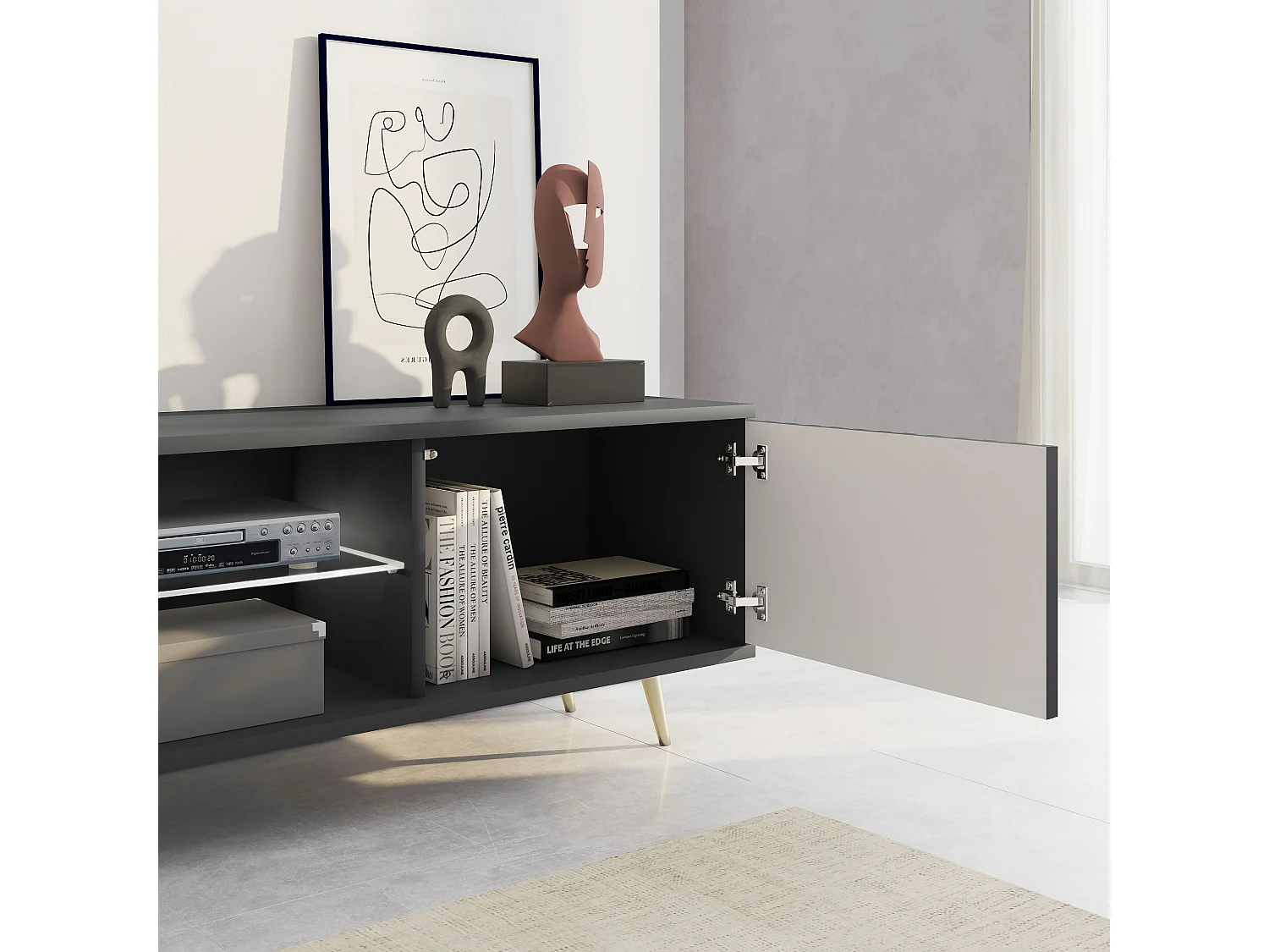 Meuble tv led 175 cm noir, façades à lamelles et pieds dorés - Selsey Bello