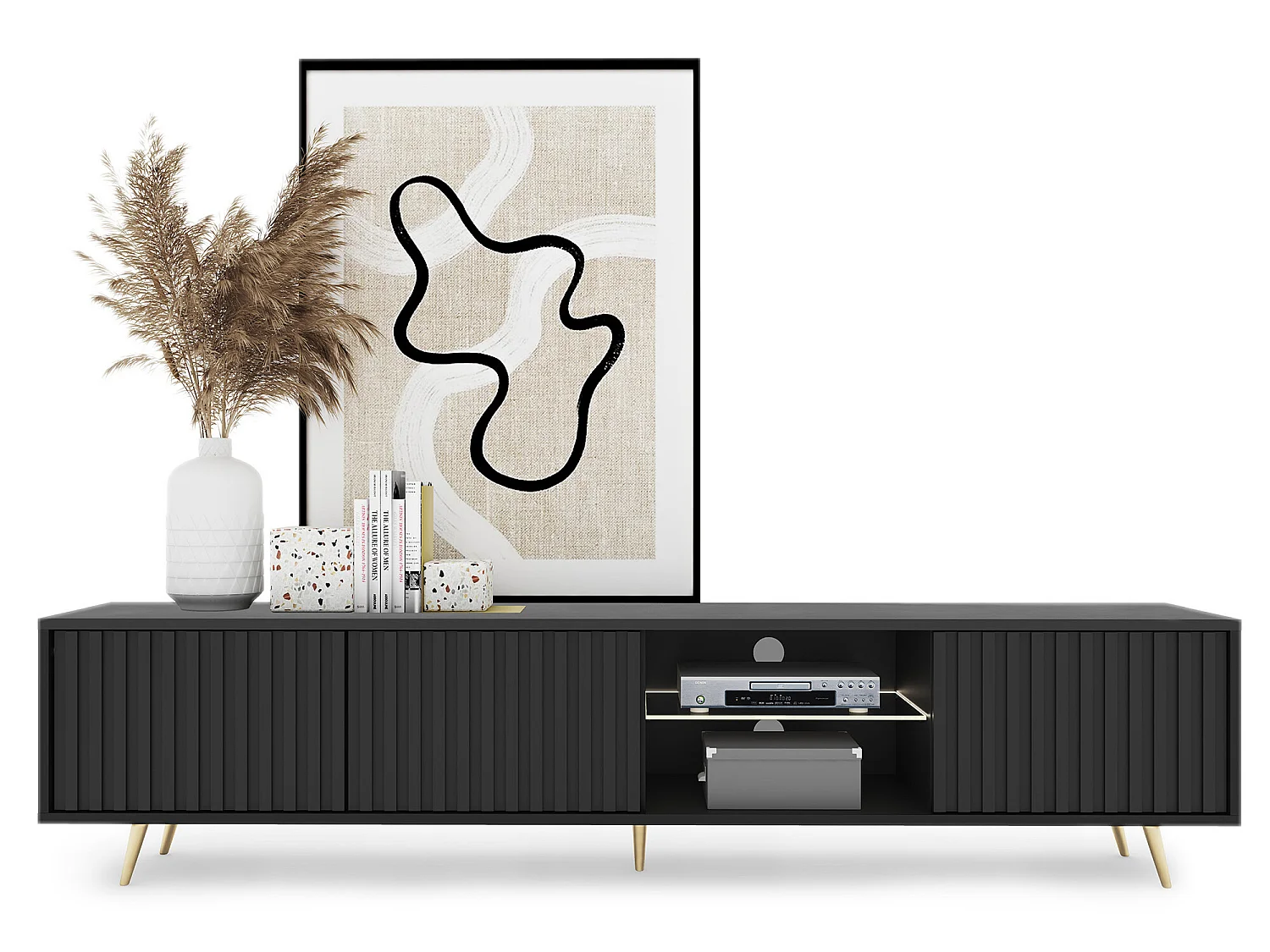 Meuble tv led 175 cm noir, façades à lamelles et pieds dorés - Selsey Bello