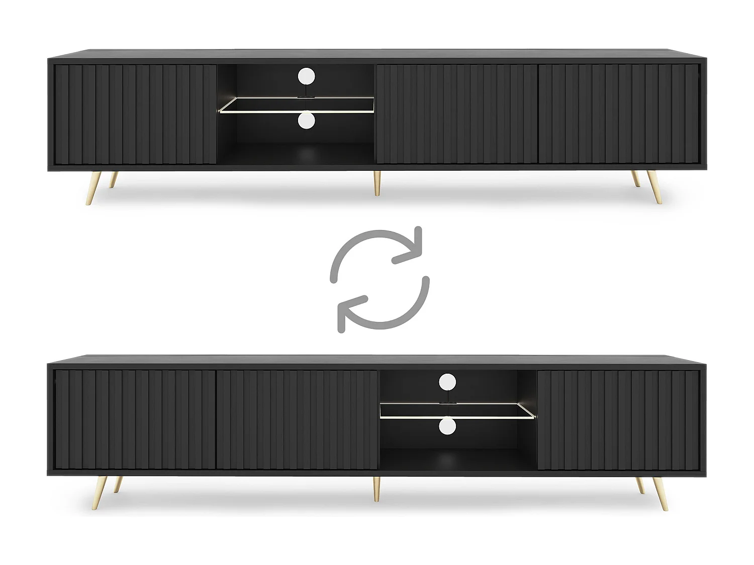 175 cm schwarzer LED-TV-Schrank mit Lamellenfronten und goldenen Beinen – Selsey Bello
