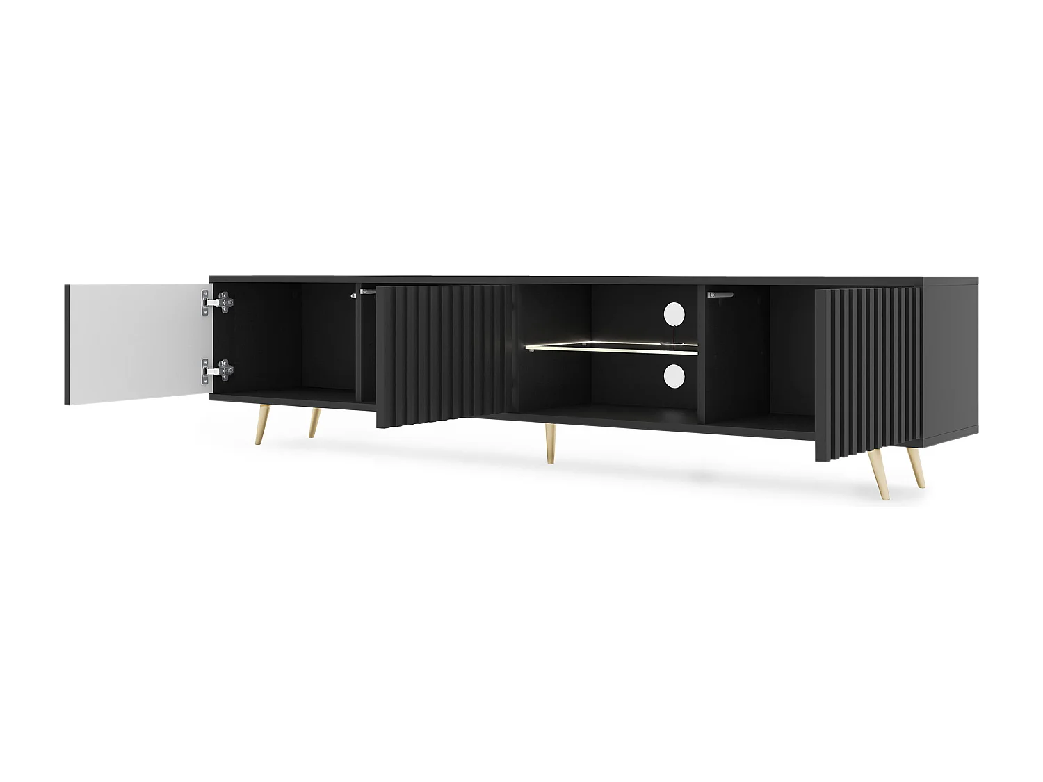 175 cm schwarzer LED-TV-Schrank mit Lamellenfronten und goldenen Beinen – Selsey Bello