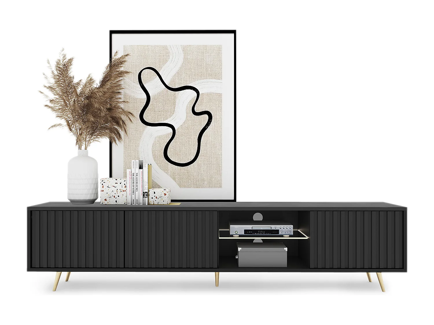 175 cm schwarzer LED-TV-Schrank mit Lamellenfronten und goldenen Beinen – Selsey Bello