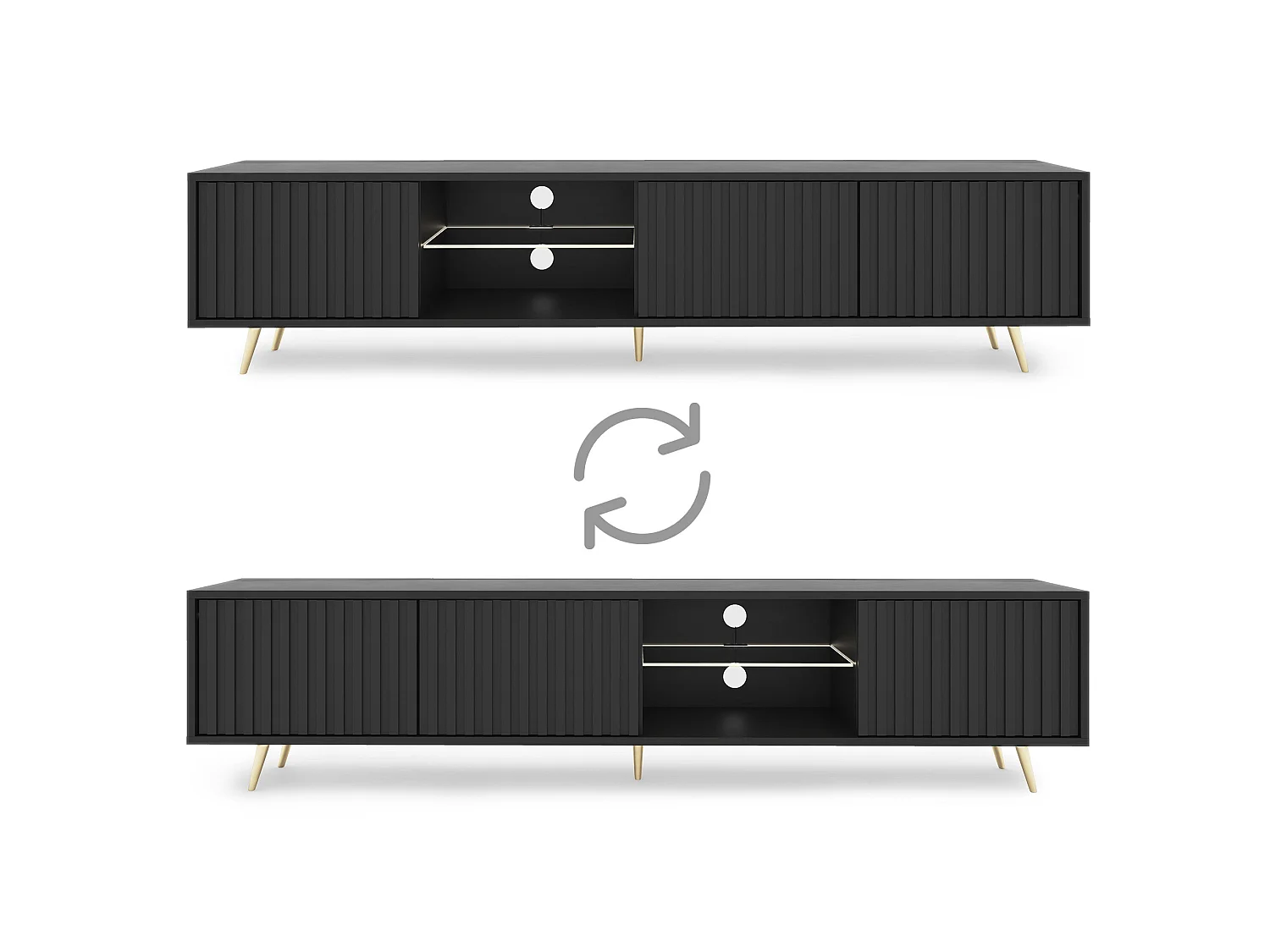 Meuble tv led 175 cm noir, façades à lamelles et pieds dorés - Selsey Bello