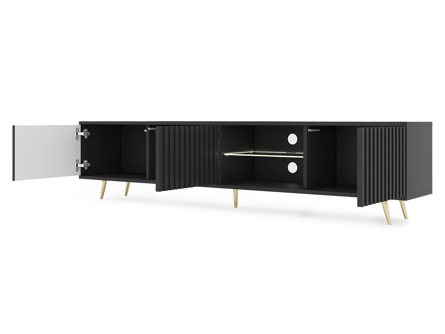Meuble tv led 175 cm noir, façades à lamelles et pieds dorés - Selsey Bello