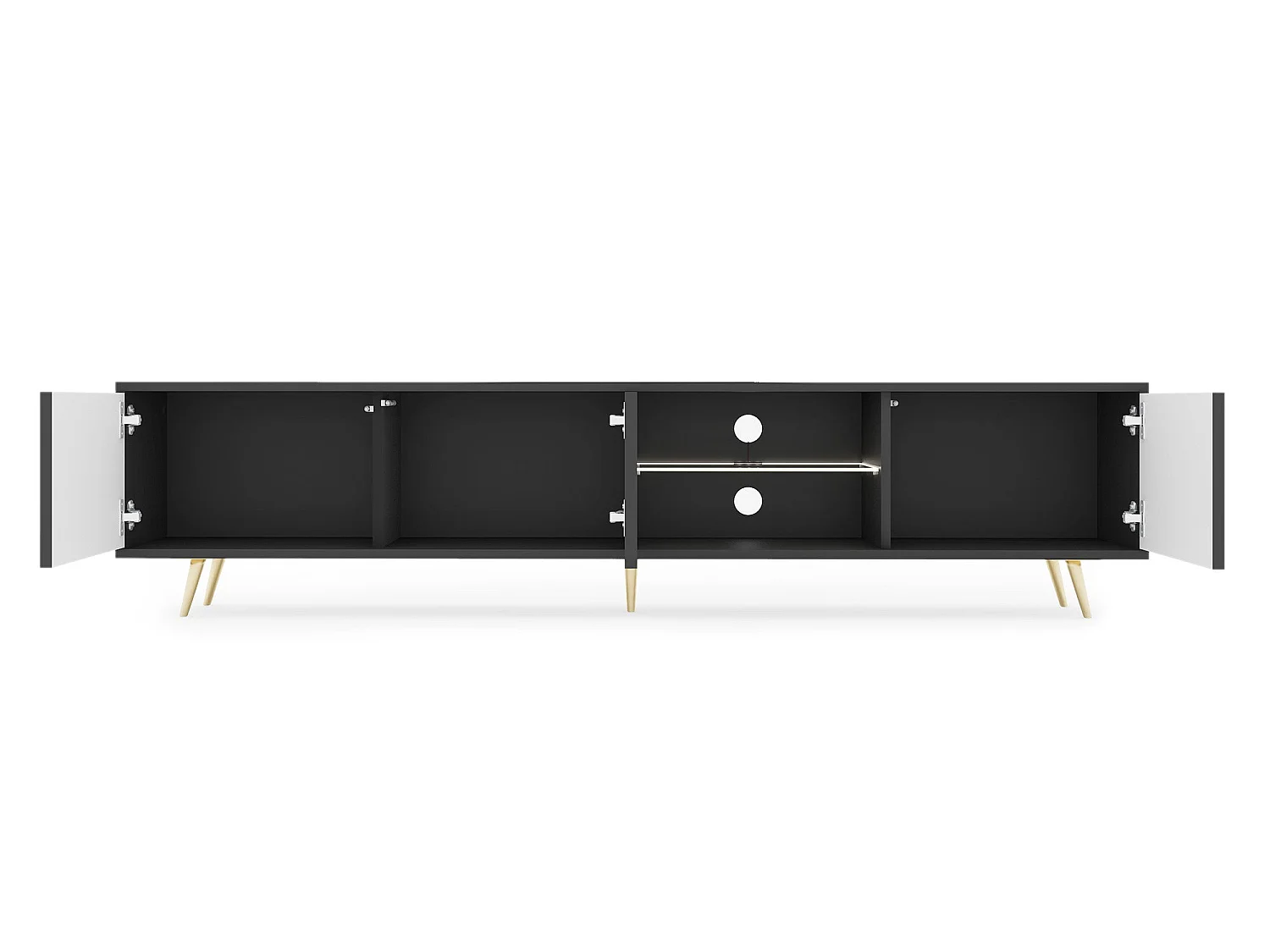 Meuble tv led 175 cm noir, façades à lamelles et pieds dorés - Selsey Bello