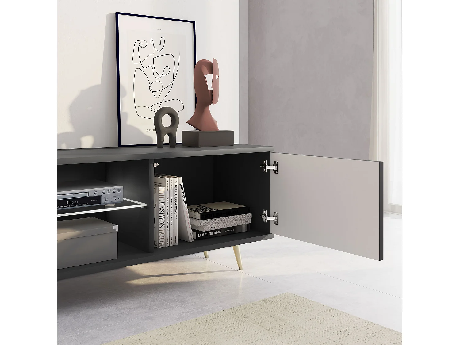 Meuble tv led 175 cm noir, façades à lamelles et pieds dorés - Selsey Bello