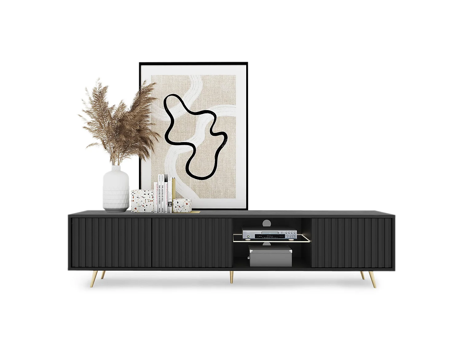 Meuble tv led 175 cm noir, façades à lamelles et pieds dorés - Selsey Bello