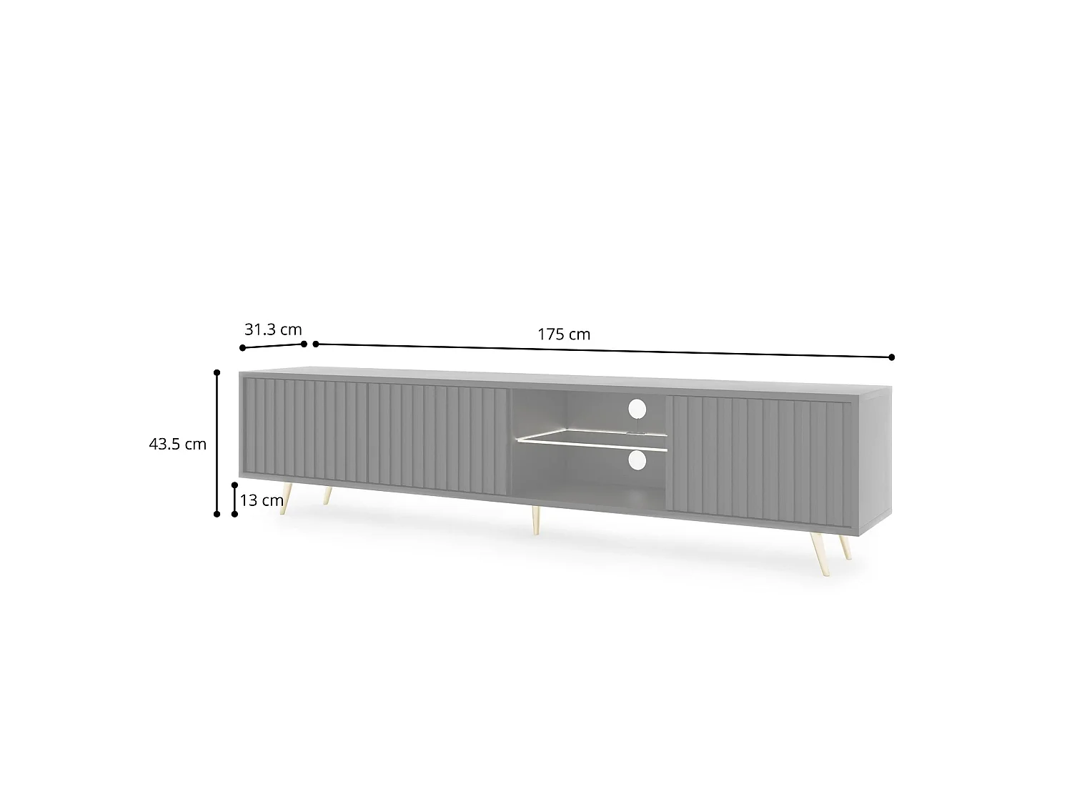 Meuble tv led 175 cm noir, façades à lamelles et pieds dorés - Selsey Bello
