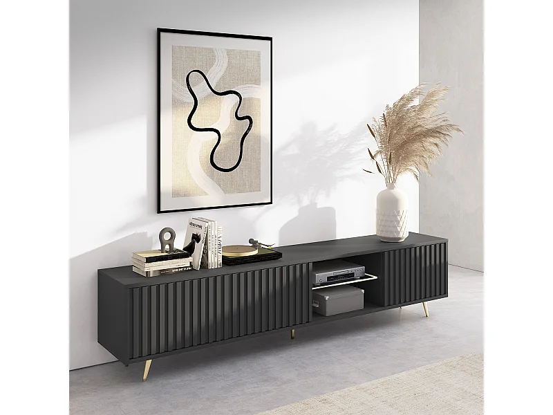 Meuble tv led 175 cm noir, façades à lamelles et pieds dorés - Selsey Bello