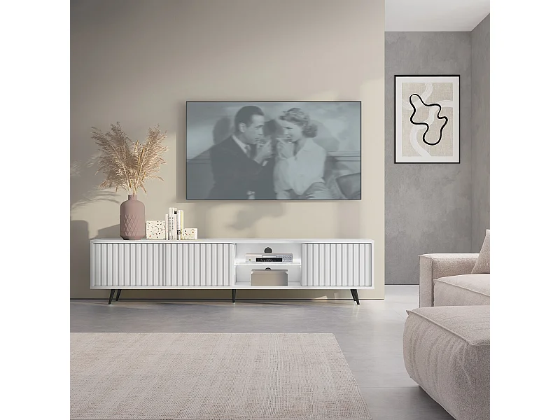 175 cm witte LED tv-kast met lamellenfronten en zwarte poten - Selsey Bello