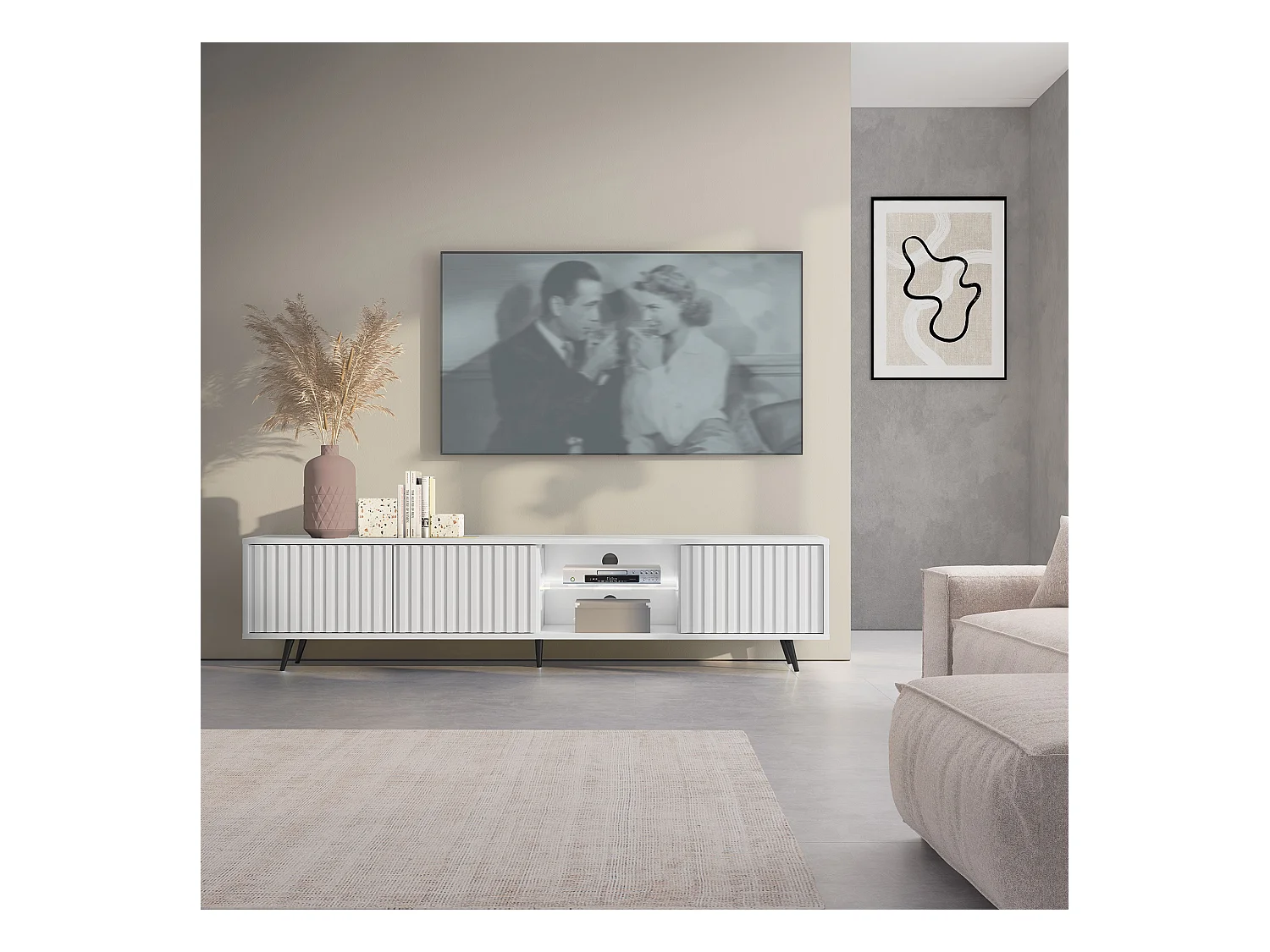 Meuble tv led 175 cm blanc, façades à lamelles et pieds noirs - Selsey Bello