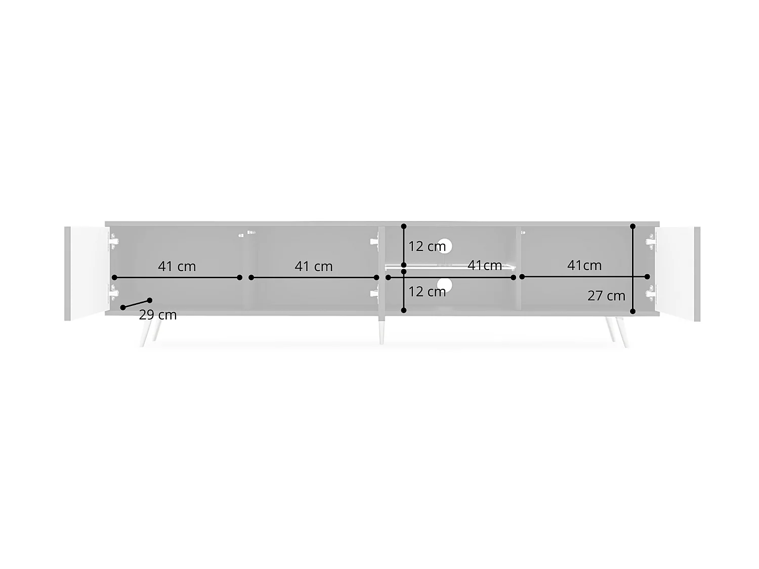 Meuble tv led 175 cm blanc, façades à lamelles et pieds noirs - Selsey Bello