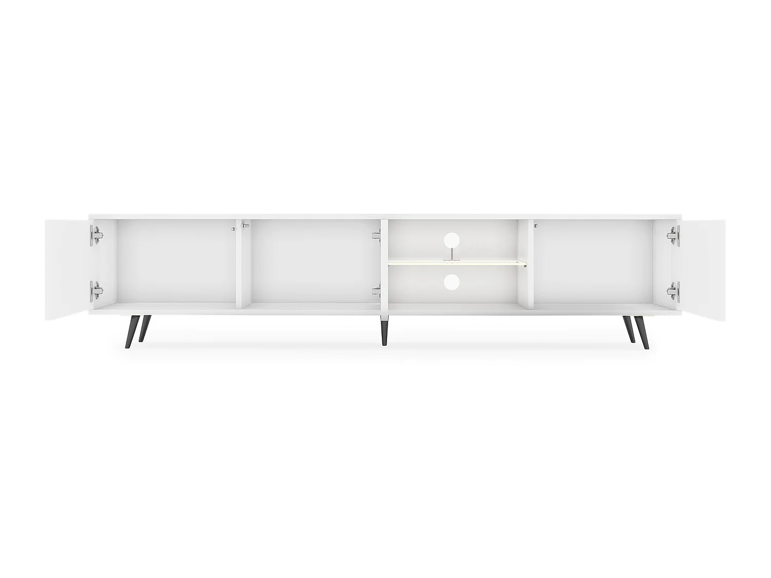 Meuble tv led 175 cm blanc, façades à lamelles et pieds noirs - Selsey Bello