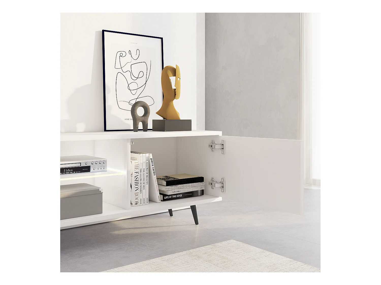 Meuble tv led 175 cm blanc, façades à lamelles et pieds noirs - Selsey Bello