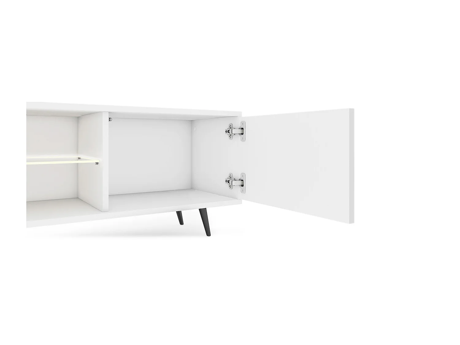 Meuble tv led 175 cm blanc, façades à lamelles et pieds noirs - Selsey Bello