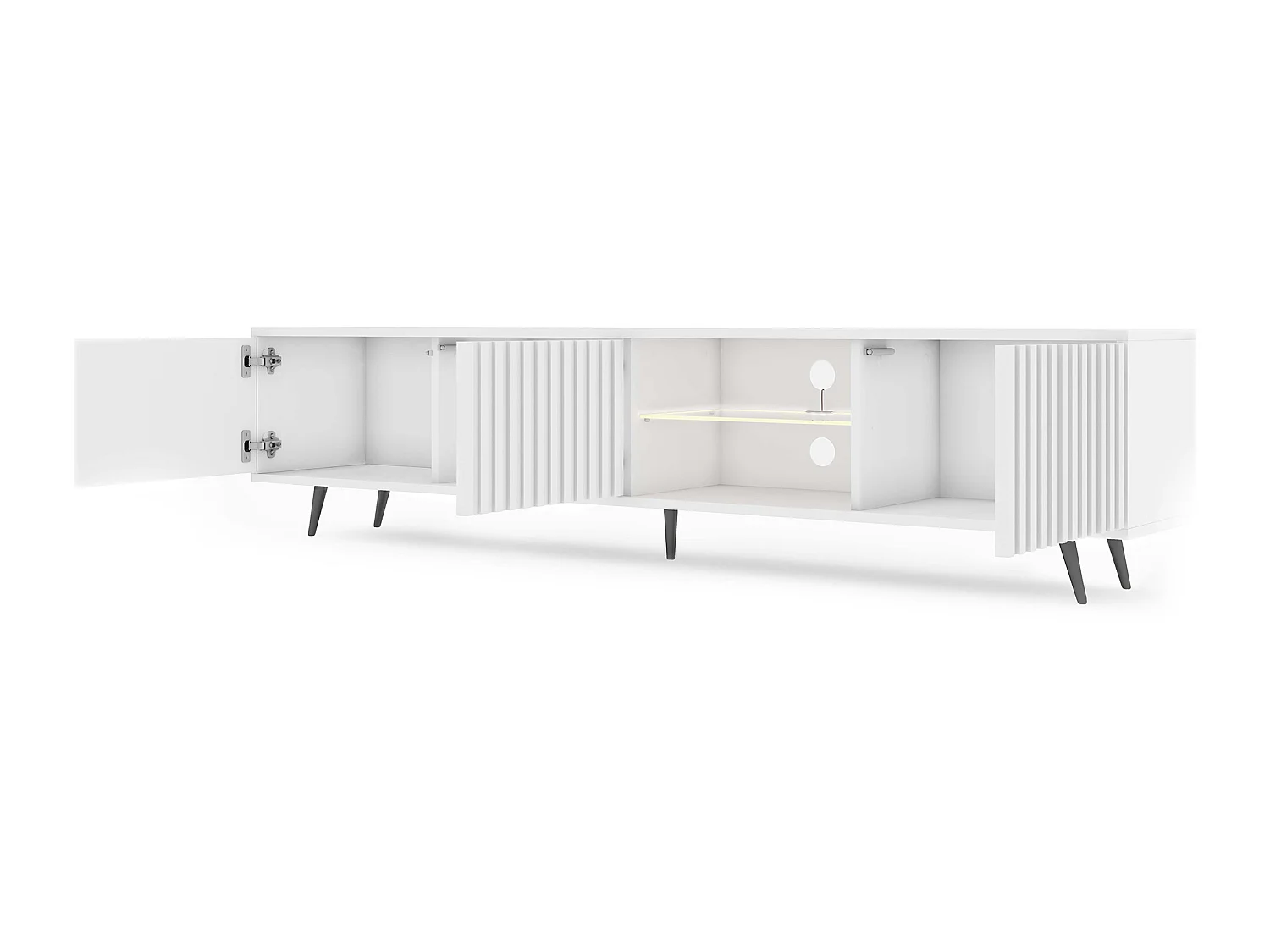 Meuble tv led 175 cm blanc, façades à lamelles et pieds noirs - Selsey Bello