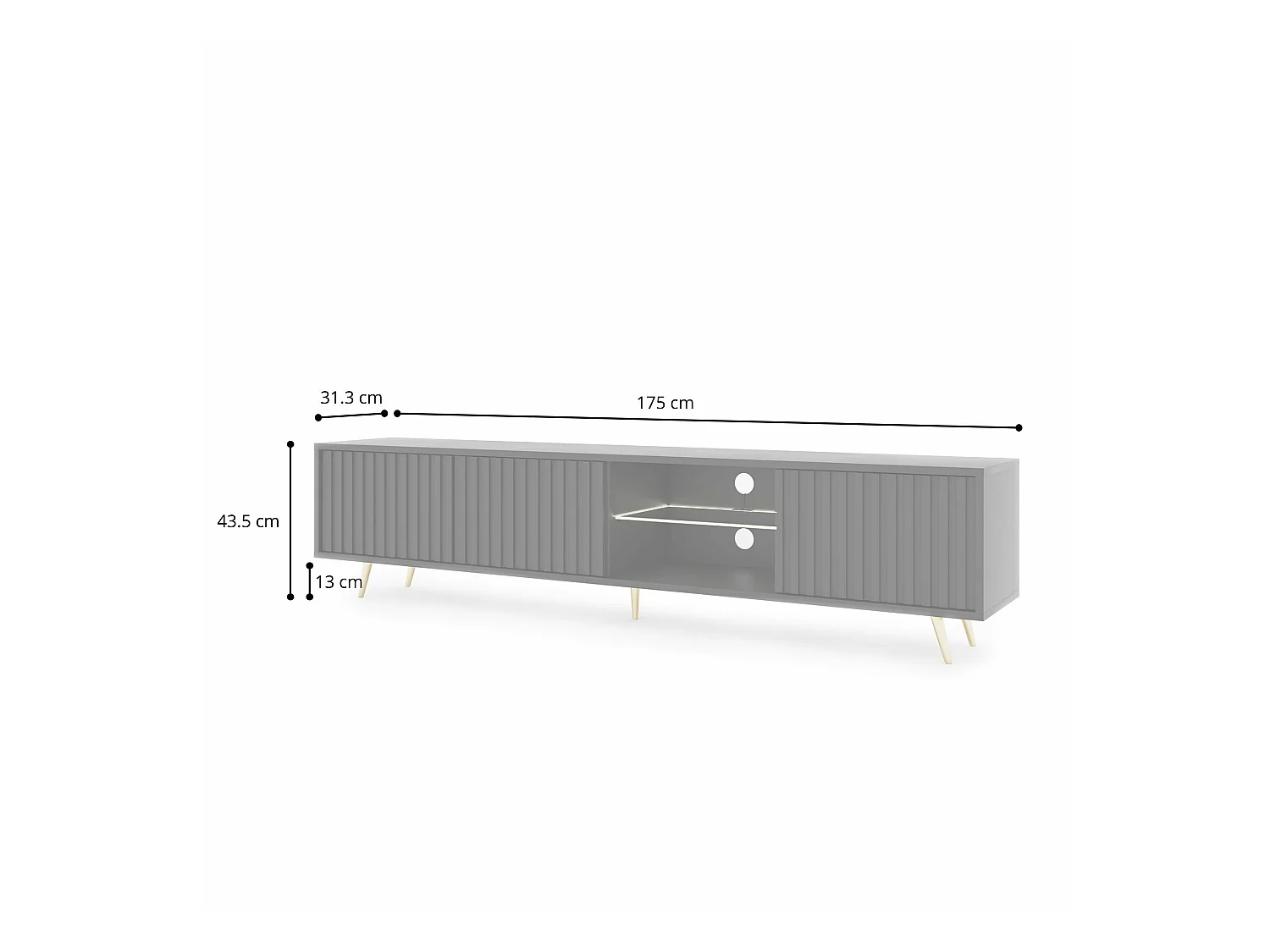 Meuble tv led 175 cm blanc, façades à lamelles et pieds noirs - Selsey Bello