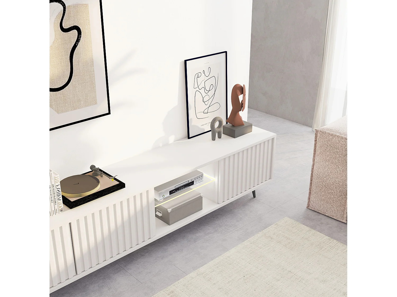 Meuble tv led 175 cm blanc, façades à lamelles et pieds noirs - Selsey Bello