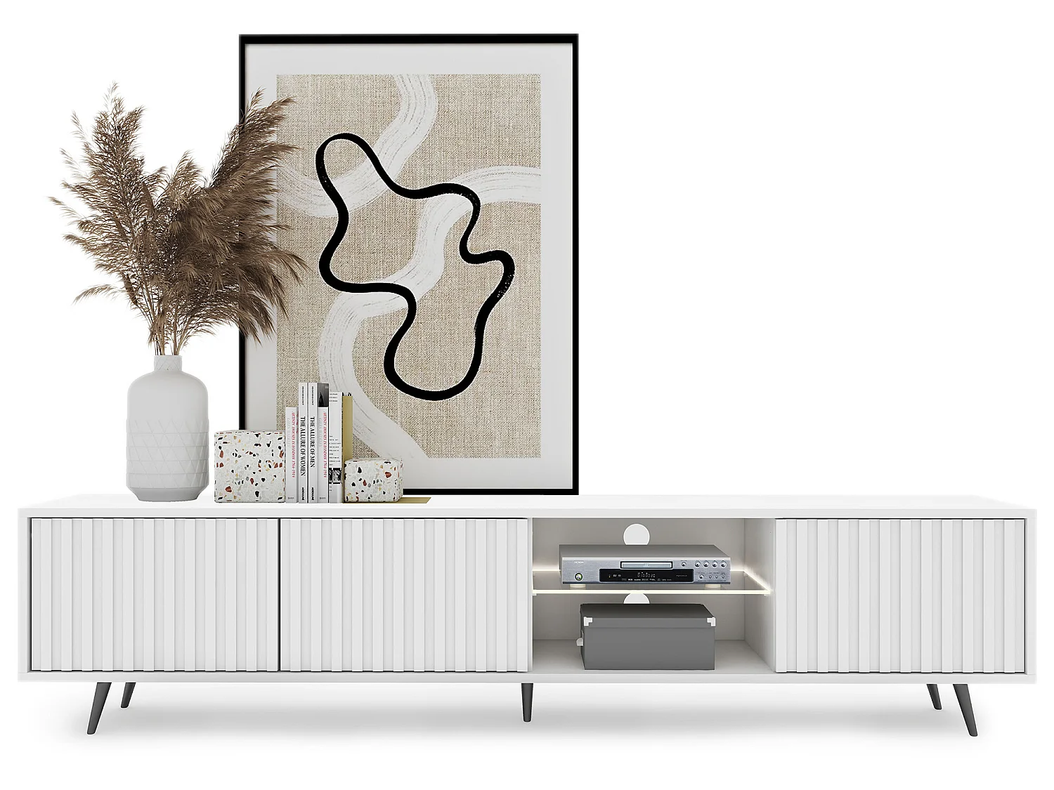 Meuble tv led 175 cm blanc, façades à lamelles et pieds noirs - Selsey Bello