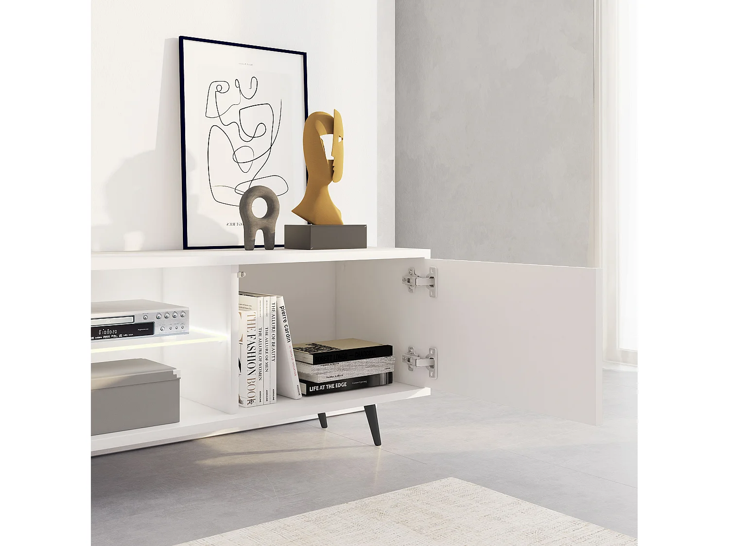 Meuble tv led 175 cm blanc, façades à lamelles et pieds noirs - Selsey Bello