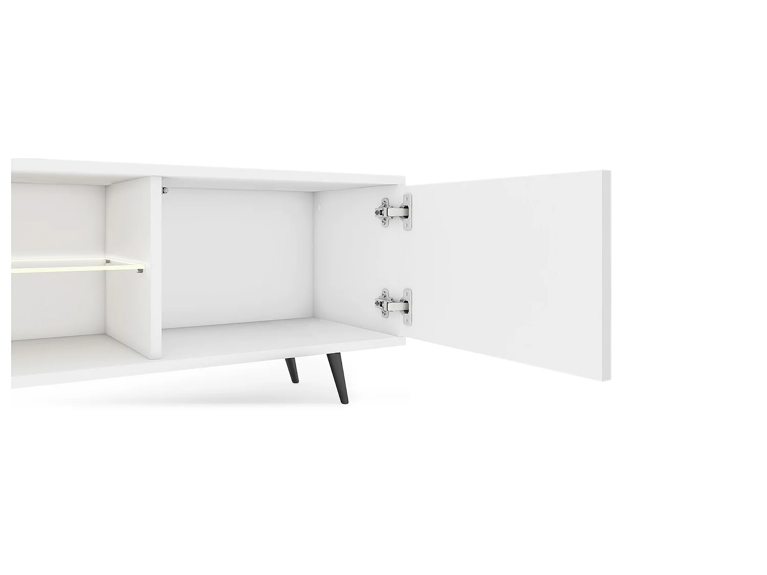 Meuble tv led 175 cm blanc, façades à lamelles et pieds noirs - Selsey Bello