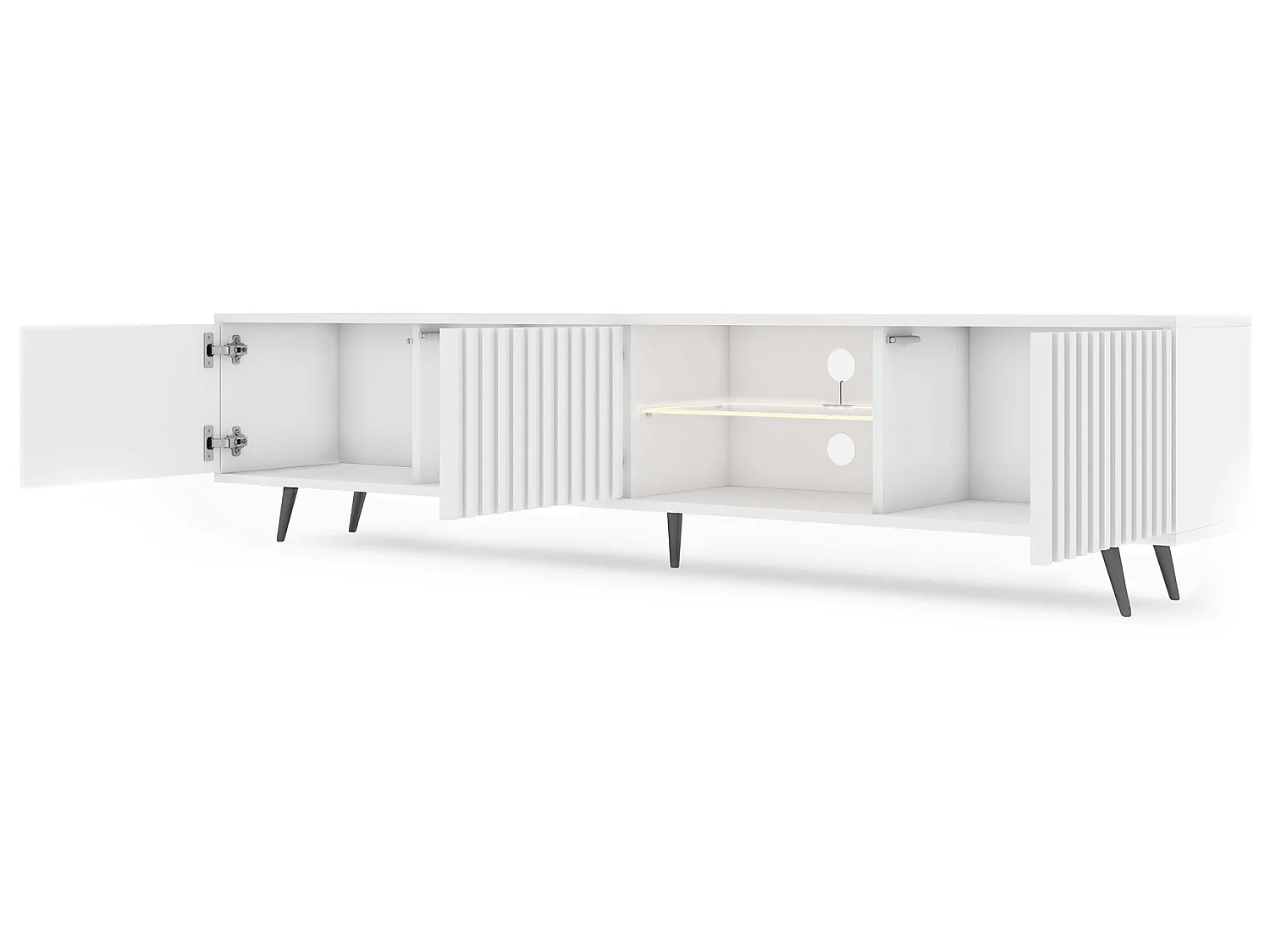 Meuble tv led 175 cm blanc, façades à lamelles et pieds noirs - Selsey Bello