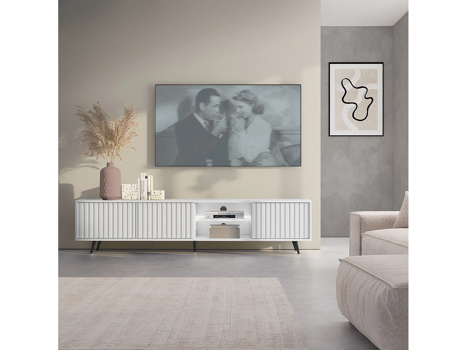 175 cm witte LED tv-kast met lamellenfronten en zwarte poten - Selsey Bello