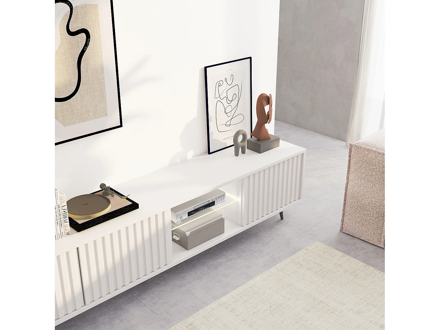 175 cm witte LED tv-kast met lamellenfronten en zwarte poten - Selsey Bello