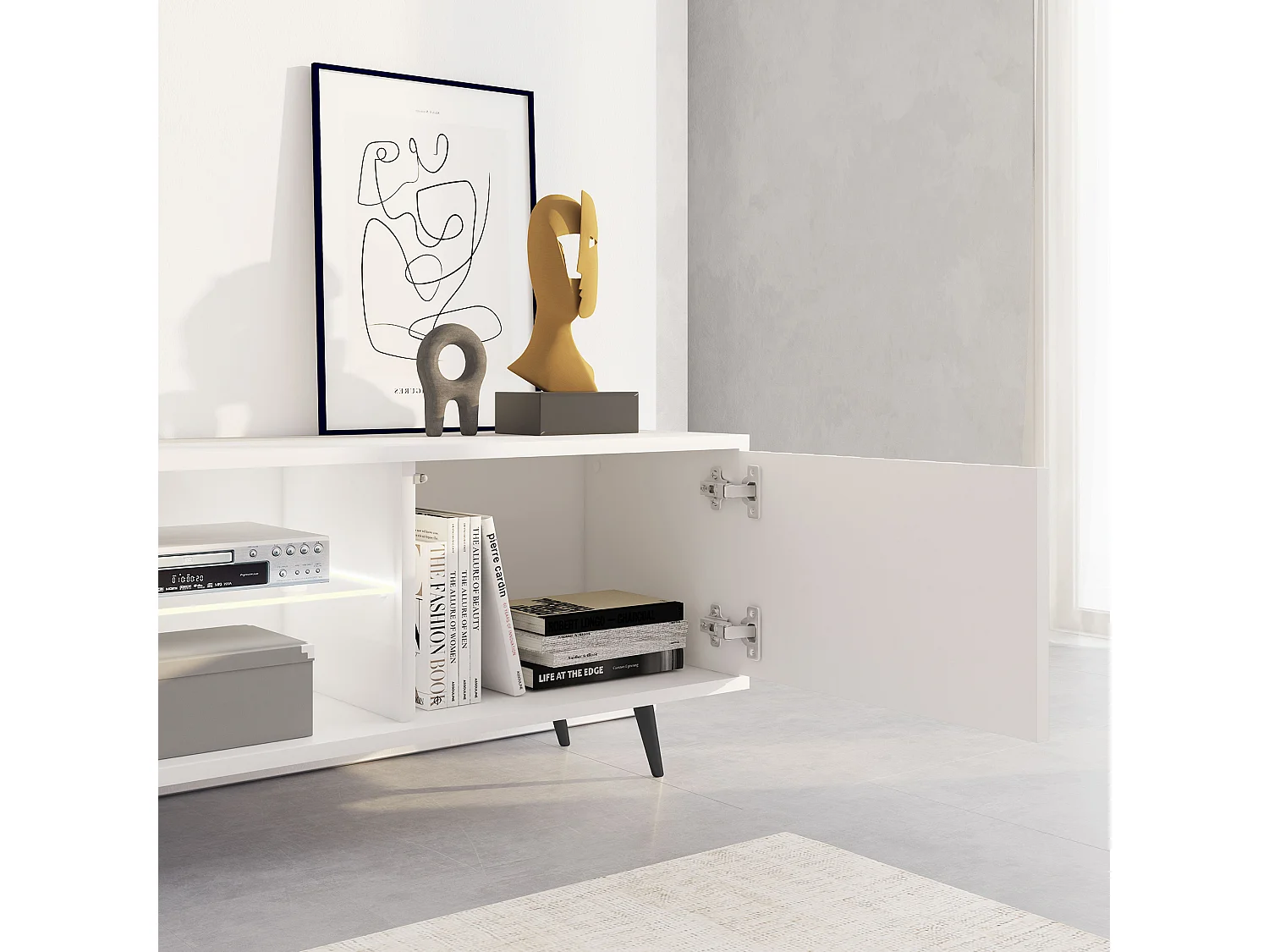 175 cm witte LED tv-kast met lamellenfronten en zwarte poten - Selsey Bello