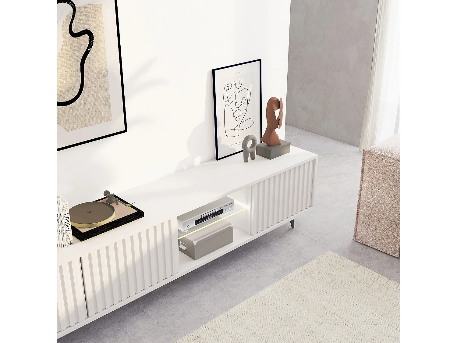 Meuble tv led 175 cm blanc, façades à lamelles et pieds noirs - Selsey Bello