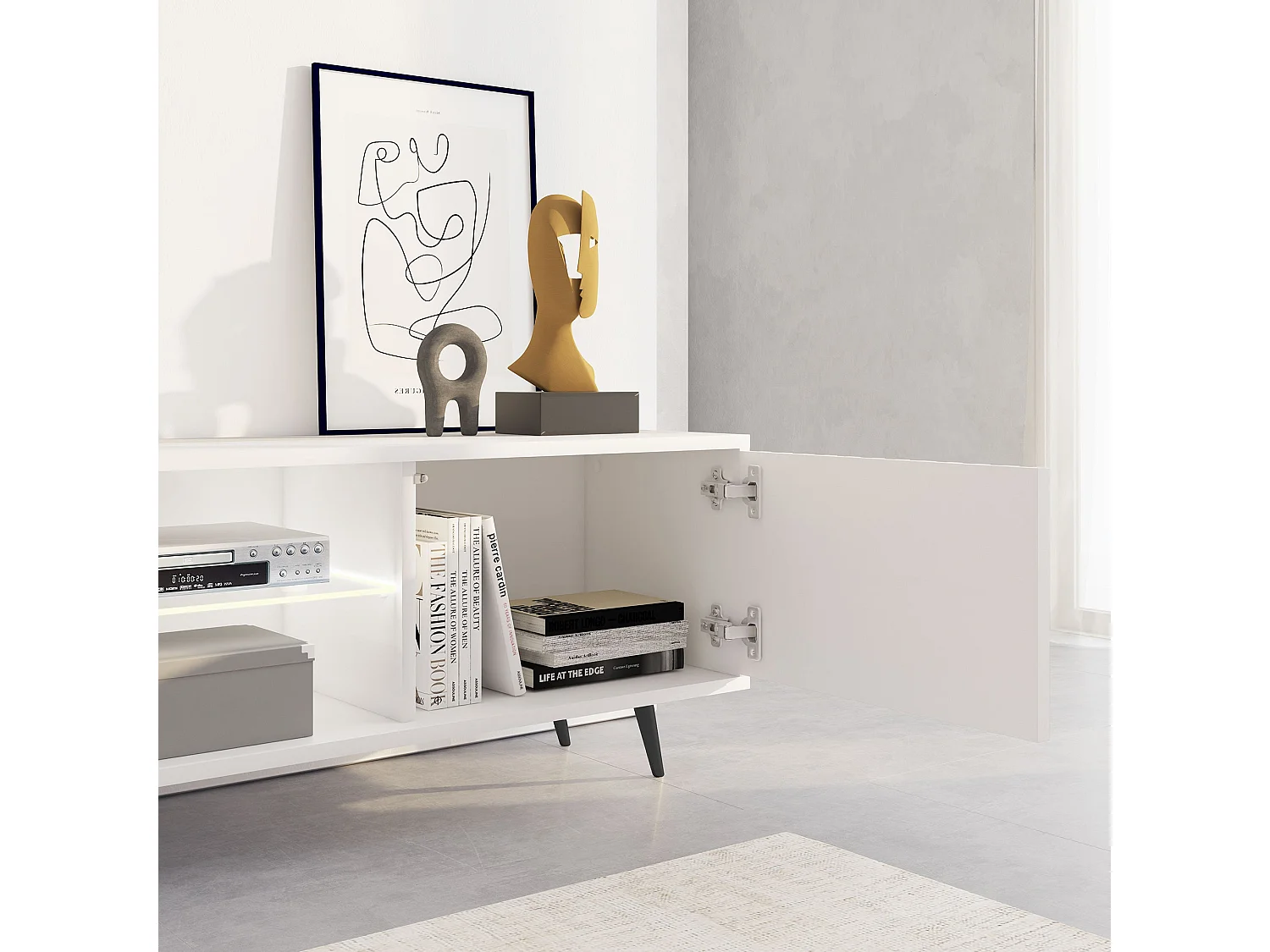 Meuble tv led 175 cm blanc, façades à lamelles et pieds noirs - Selsey Bello