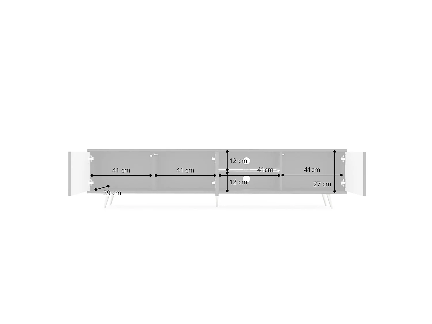 Meuble tv led 175 cm blanc, façades à lamelles et pieds noirs - Selsey Bello
