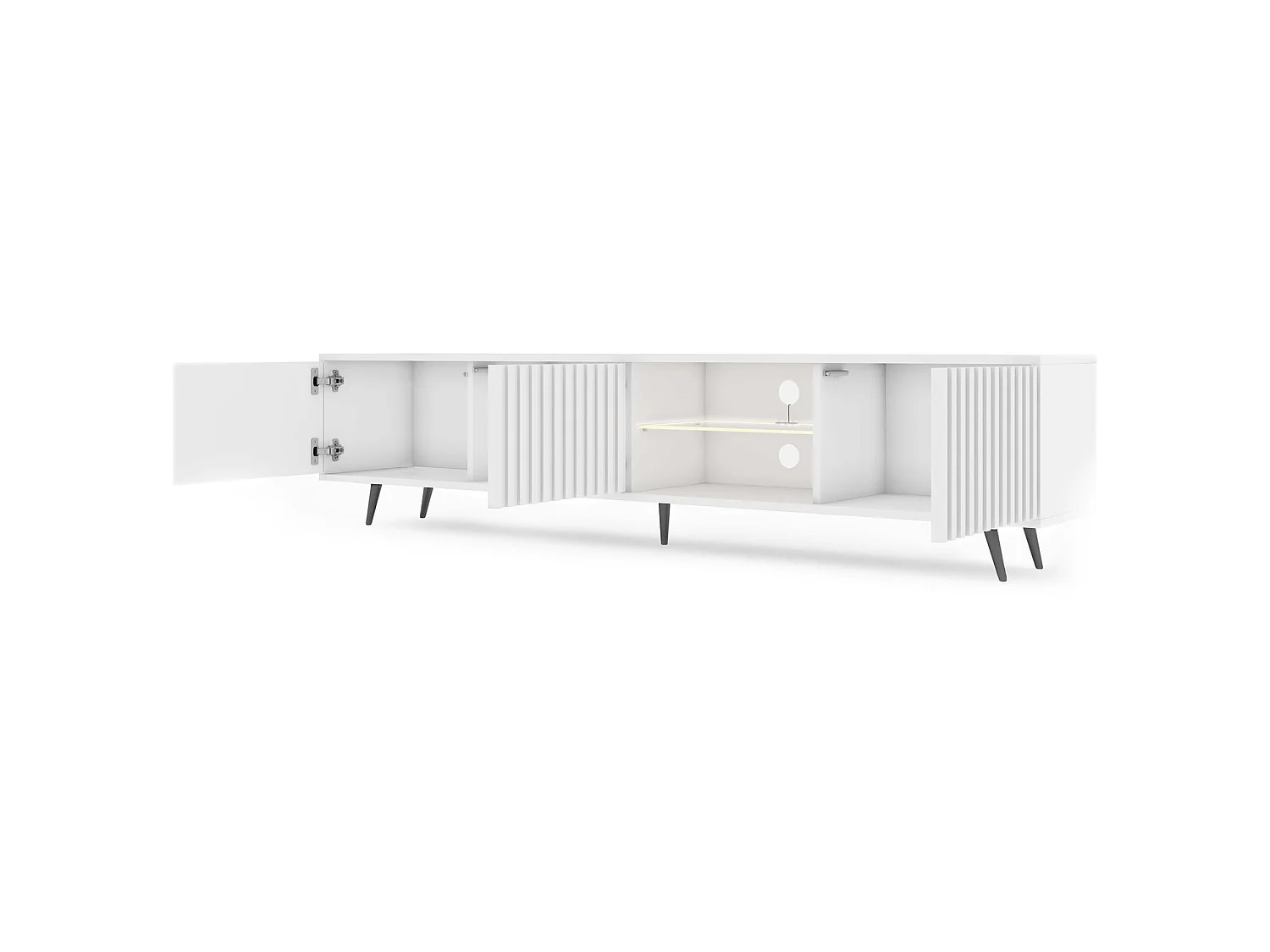 Meuble tv led 175 cm blanc, façades à lamelles et pieds noirs - Selsey Bello