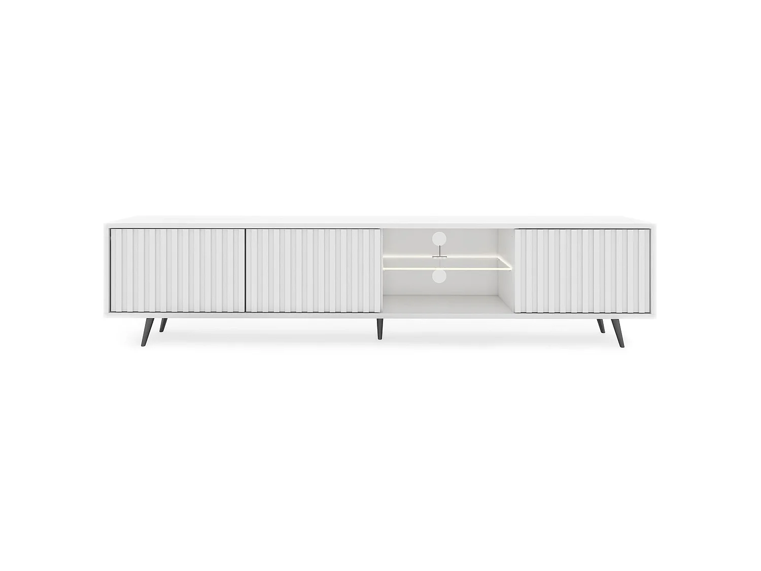 Meuble tv led 175 cm blanc, façades à lamelles et pieds noirs - Selsey Bello