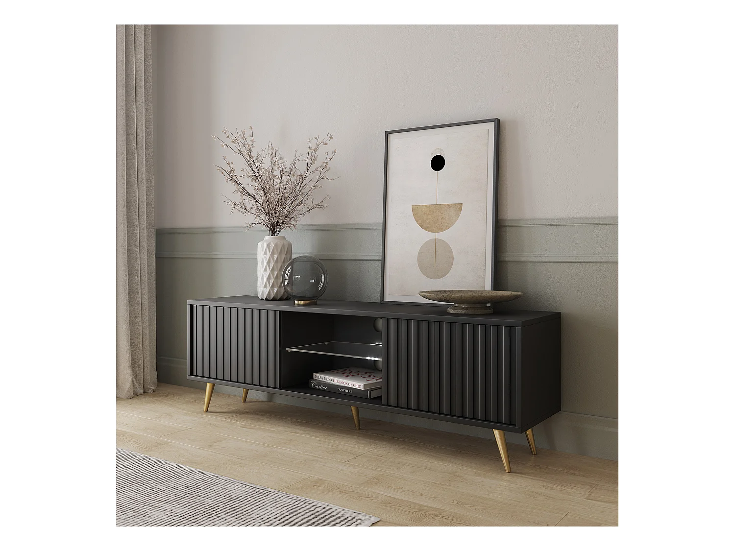 TV-meubel - 135 cm - zwart - lamellenfronten en gouden poten - met LED - Selsey Bello