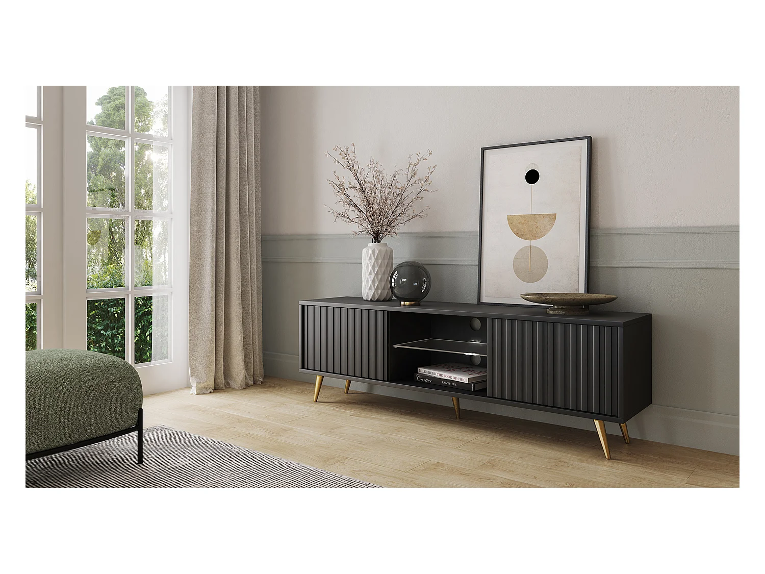 TV-meubel - 135 cm - zwart - lamellenfronten en gouden poten - met LED - Selsey Bello