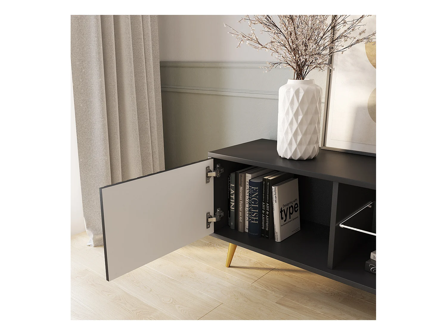 TV-meubel - 135 cm - zwart - lamellenfronten en gouden poten - met LED - Selsey Bello