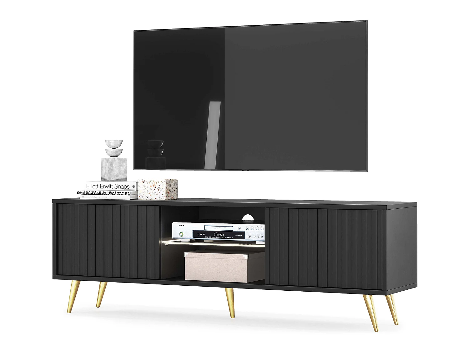 TV-meubel - 135 cm - zwart - lamellenfronten en gouden poten - met LED - Selsey Bello