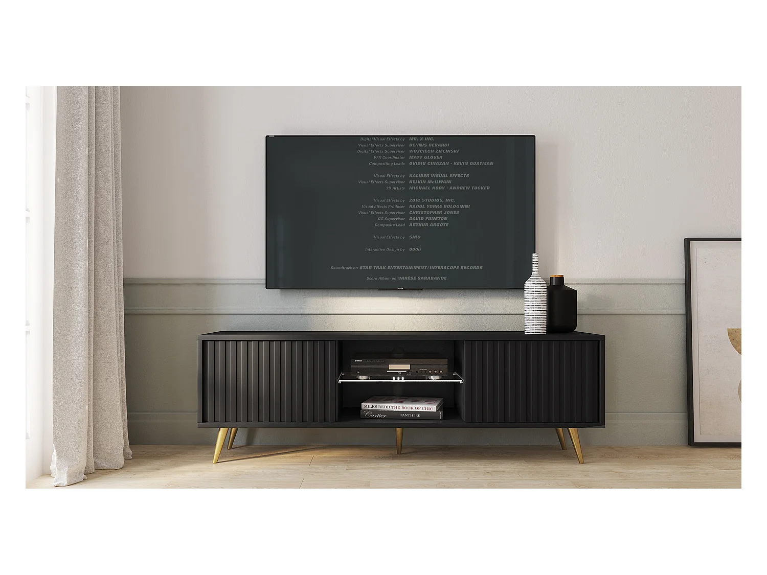 Meuble tv - 135 cm - noir - façades à lamelles et pieds dorés - avec LED - Selsey Bello