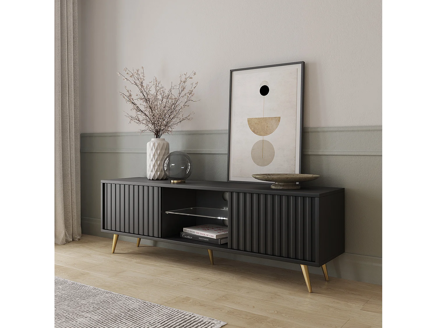 Meuble tv - 135 cm - noir - façades à lamelles et pieds dorés - avec LED - Selsey Bello