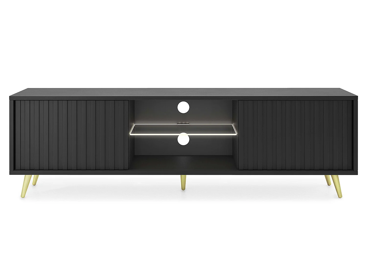 Meuble tv - 135 cm - noir - façades à lamelles et pieds dorés - avec LED - Selsey Bello