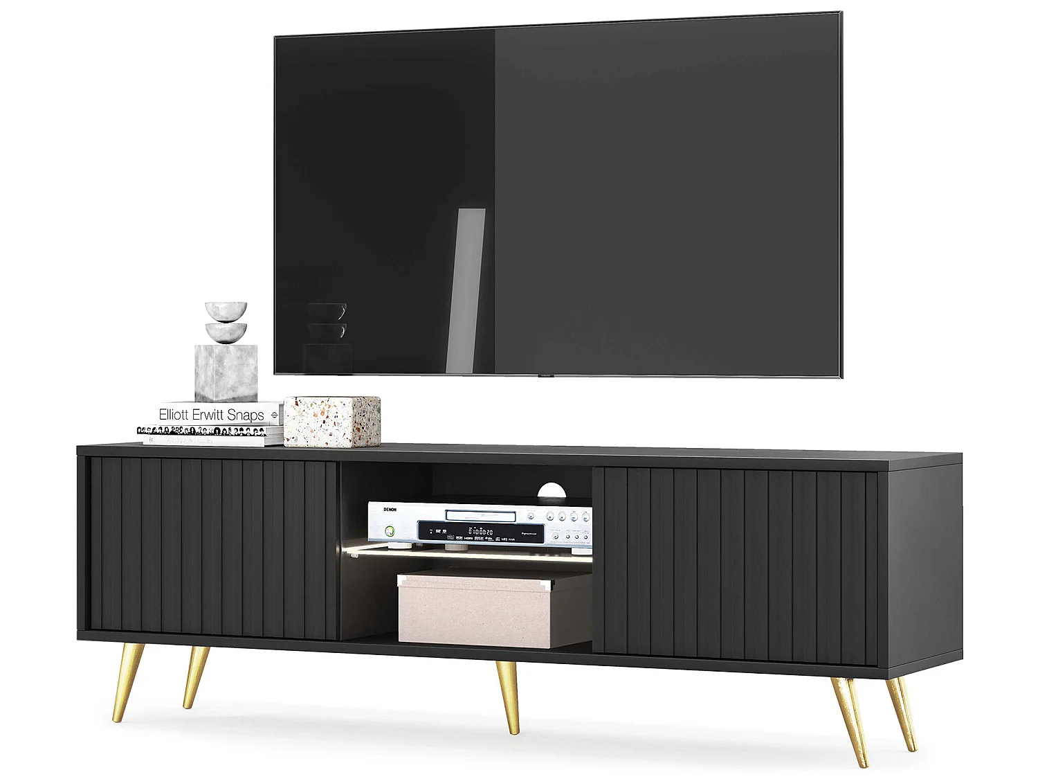 Meuble tv - 135 cm - noir - façades à lamelles et pieds dorés - avec LED - Selsey Bello