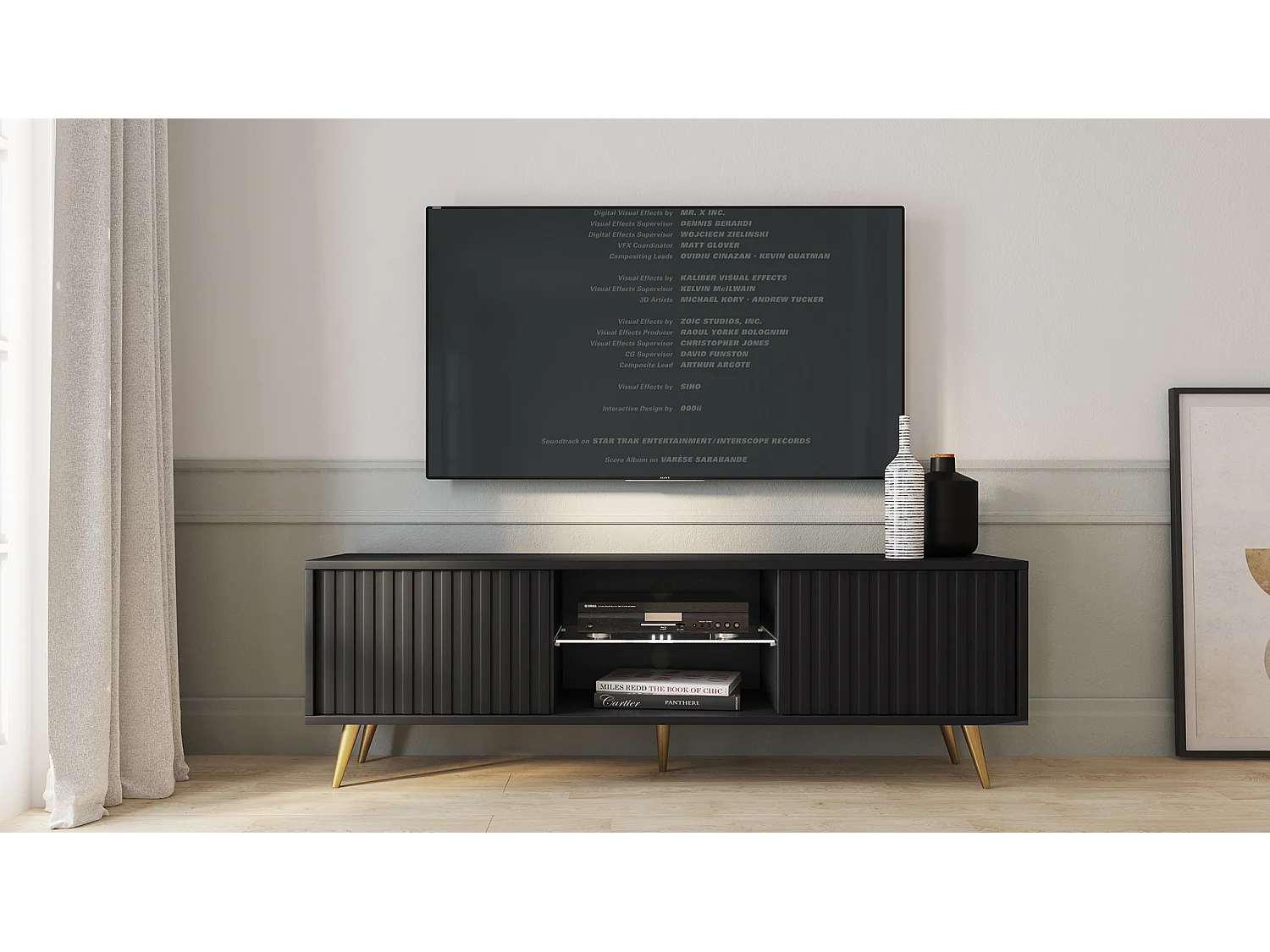 Meuble tv - 135 cm - noir - façades à lamelles et pieds dorés - avec LED - Selsey Bello