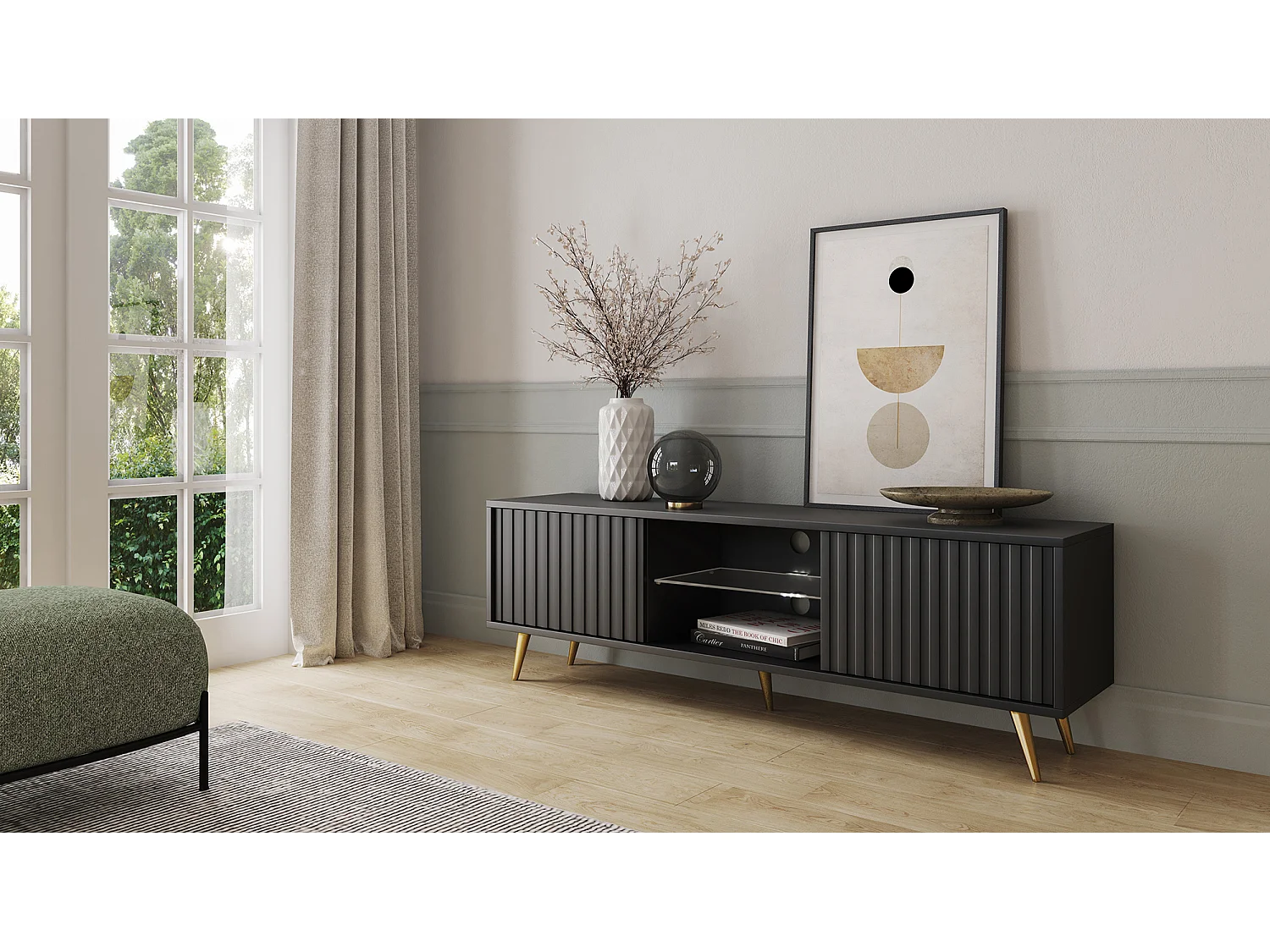 Meuble tv - 135 cm - noir - façades à lamelles et pieds dorés - avec LED - Selsey Bello