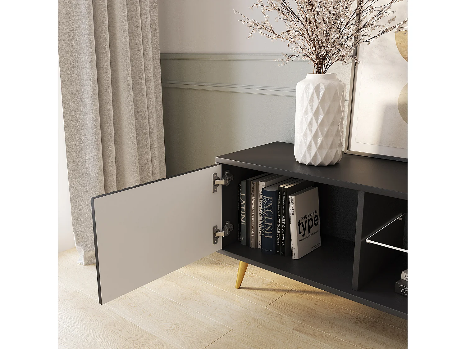 Meuble tv - 135 cm - noir - façades à lamelles et pieds dorés - avec LED - Selsey Bello