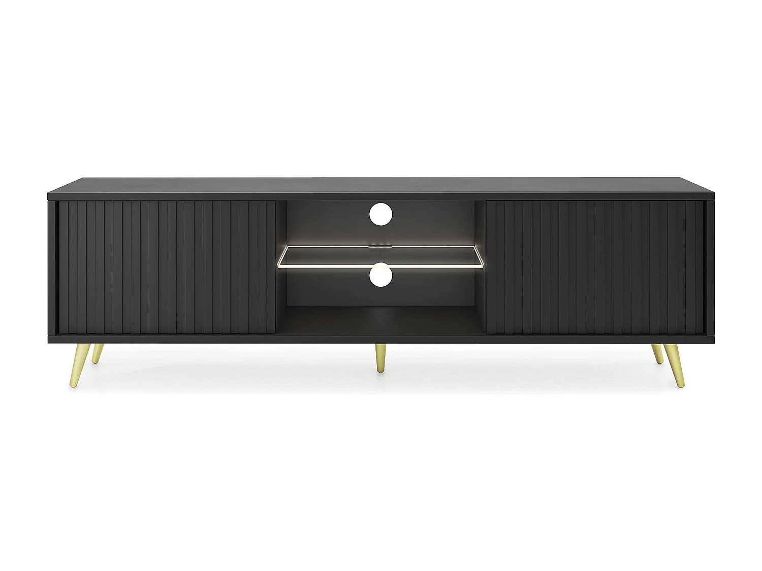 Meuble tv - 135 cm - noir - façades à lamelles et pieds dorés - avec LED - Selsey Bello