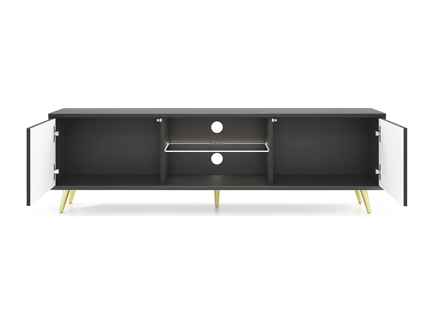 Meuble tv - 135 cm - noir - façades à lamelles et pieds dorés - avec LED - Selsey Bello